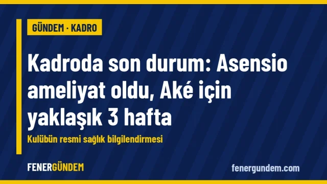 Lacivert zemin üzerinde sarı 'Gündem · Kadro' etiketi ve 'Kadroda son durum: Asensio ameliyat oldu, Aké için yaklaşık 3 hafta' başlığı olan Fener Gündem grafiği